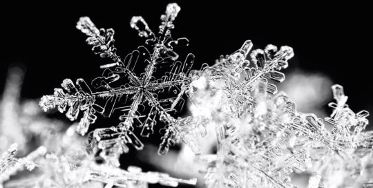 An extremely close up photo taken of a snowflake