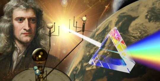 Digital image collage of Newton a prism and earth