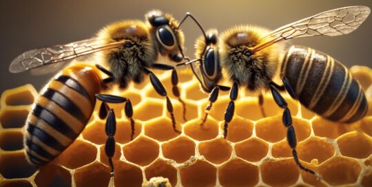 two worker bees on a honey comb