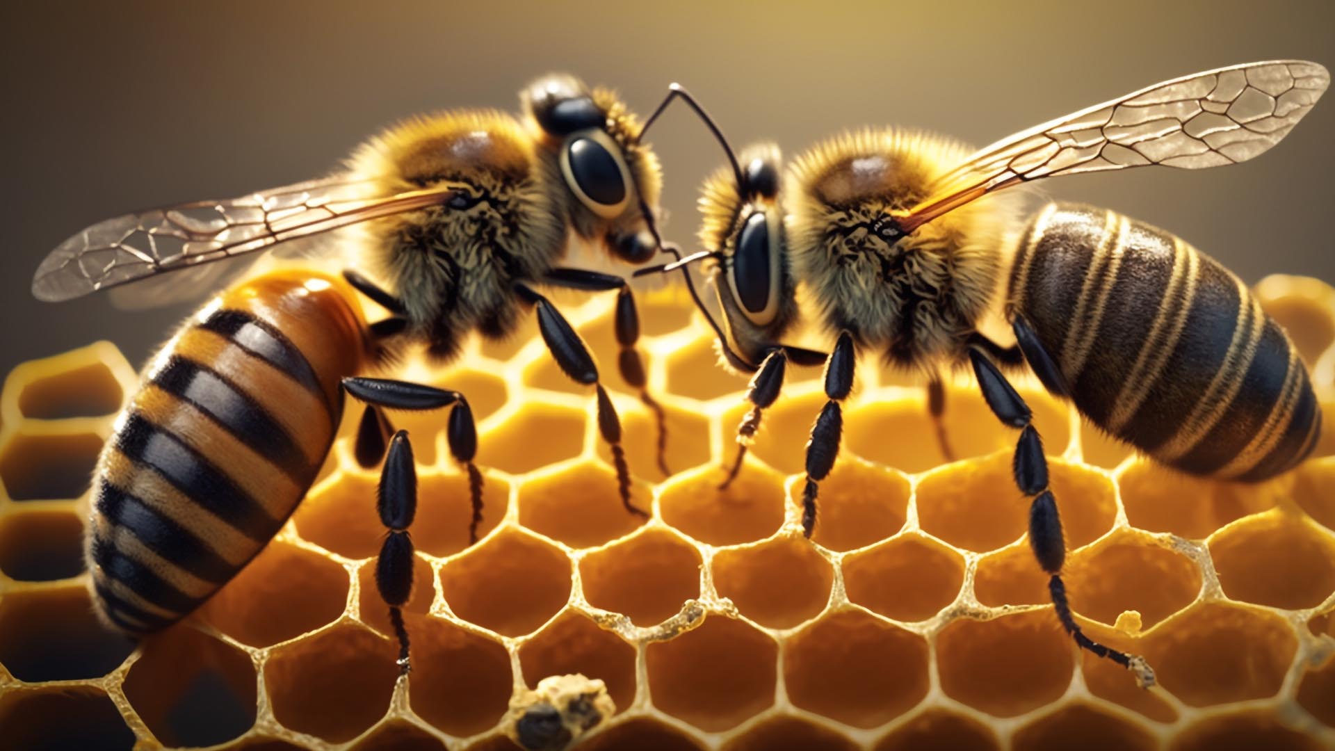 two worker bees on a honey comb