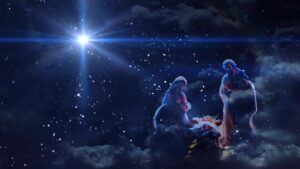 graphic layout of Joseph, Mary and baby Jesus in the trough