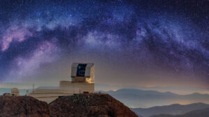 Vera C. Rubin Observatory is seen with its dome open during First Look observation activities in April 2025.