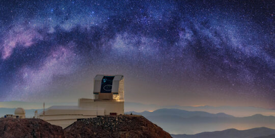Vera C. Rubin Observatory is seen with its dome open during First Look observation activities in April 2025.