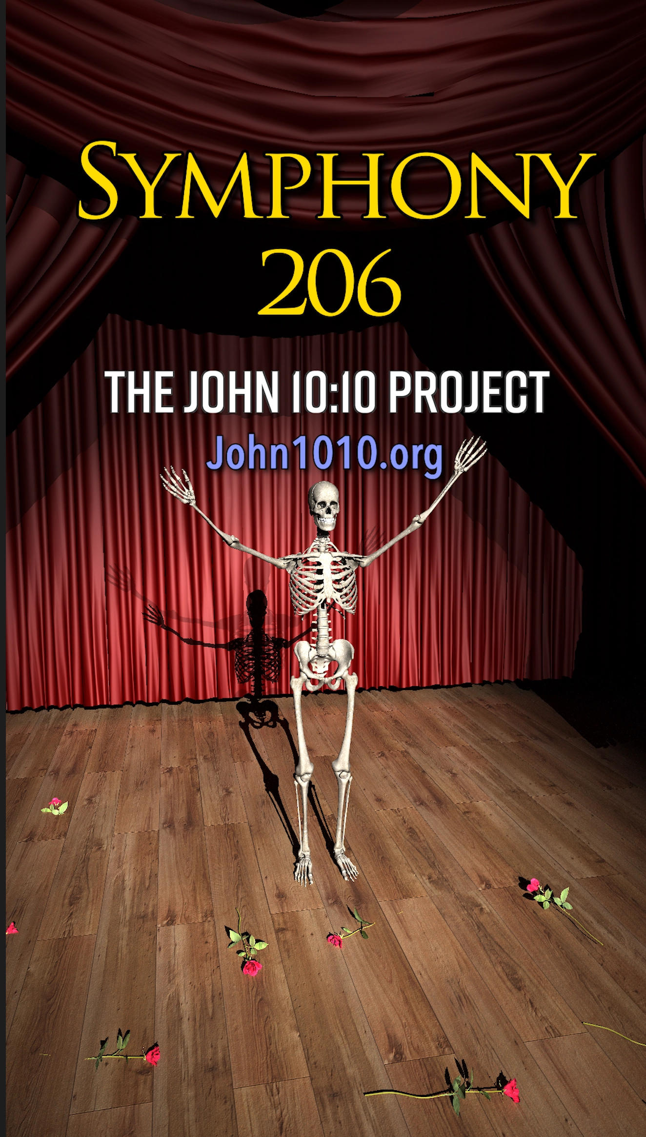 computer generated image of a human skeleton on a theatrical stage
